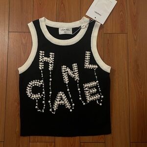 CHANEL Black and Cream Top with Logo Detail